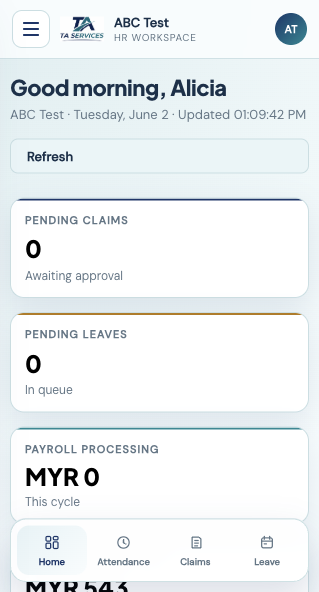 TA Services HR app dashboard showing HR summaries