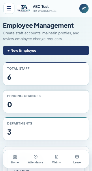 Employee management view in the TA Services HR app
