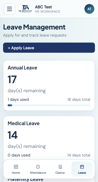 Leave balance view in the TA Services HR app